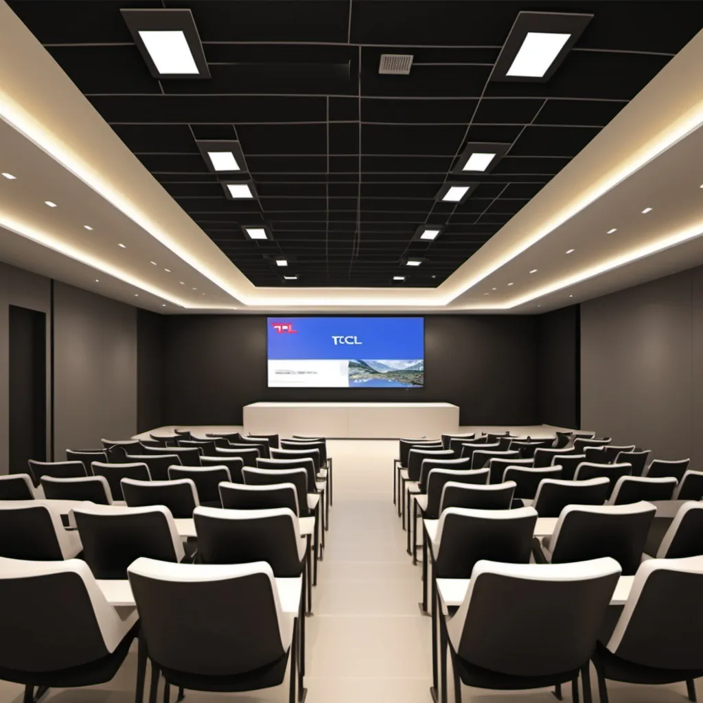 Prompt: A auditorium room to conduct workshop for TCL digital signage monitors and presentation will be on led display at centre and at sides several sizes of monitors along with videowall.

