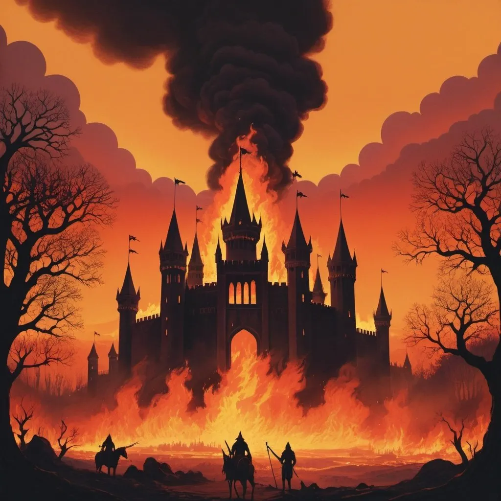 Prompt: A retro 70s style dark fantasy inspired image of a  kingdom on fire at dusk