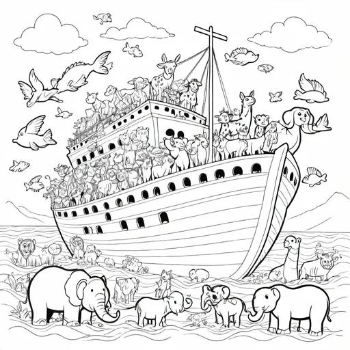 Prompt: create Noah's Ark with animals, the sea, the sky for children