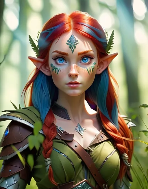 Prompt: Elf ranger in a mystical forest around sunlight with red hair and blue eyes with Grass patterns on their face