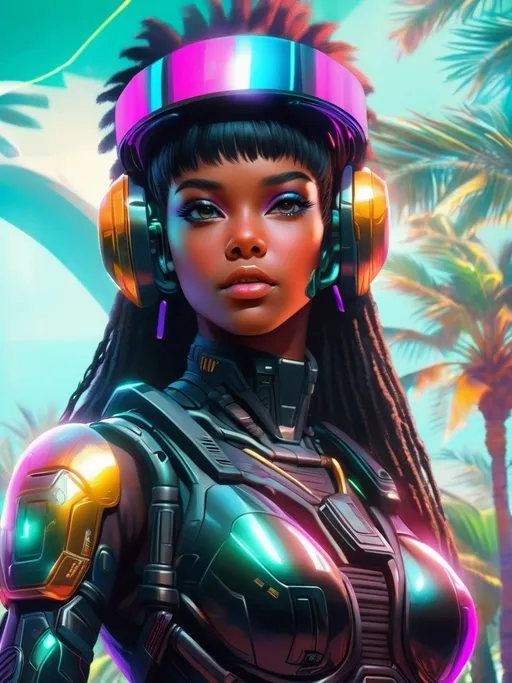 Prompt: a close up of a black female wearing futuristic visors a palm tree, shiny cyberpunk colors, retrofuturism, 1980s sci-fi, game cover art, character, 4k