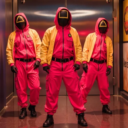 Prompt: three individuals dressed in luminous red jumpsuits, black gloves, boots, and belts, wearing stylish sunglasses, oversized yellow bomber jackets, obscured faces with unique geometric masks, circle, square, triangle, dynamic dance poses, vibrant energy, modern urban setting, warm and bold color palette, high contrast, ultra-detailed, 4K quality overall vibrant ambiance.