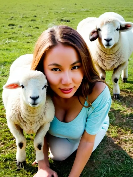 Prompt: beautiful young pregnant girl, full body showing, in a farm with flying sheeps