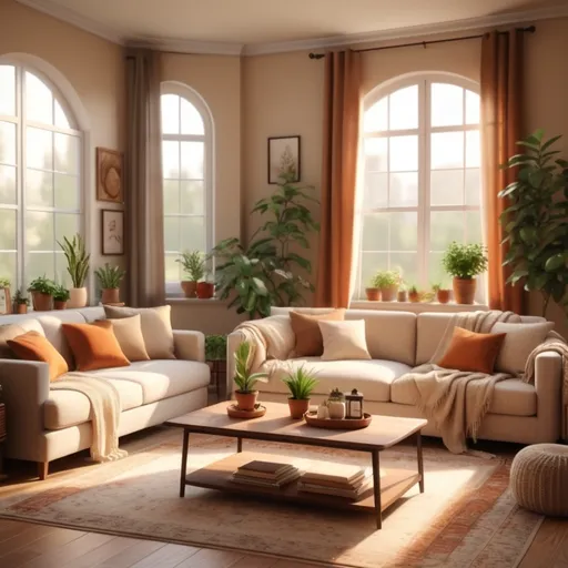 Prompt: (realistic living room), warm color scheme, inviting atmosphere, plush furniture, soft lighting casting gentle shadows, detailed textures on soft fabrics, cozy accents like throw pillows and rugs, an elegant coffee table, potted plants for a touch of nature, ultra-detailed, 4K quality, serene ambiance, a window letting in warm sunlight, subtle decorative elements.