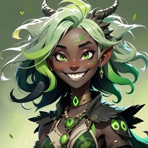Prompt: Female druid with black skin, bright green hair, and a big smile, in the style of anime