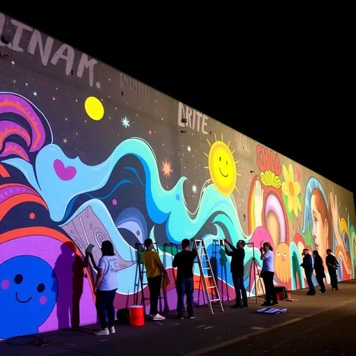 Prompt: A group of muralists projecting art on a wall