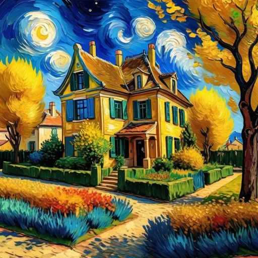 Prompt: (Van Gogh house), vibrant color palette, impressionistic style, detailed brush strokes, rich textures, surrounding lush garden, whimsical atmosphere, warm sunlight illuminating the scene, deep blue sky with fluffy clouds, charming architecture, nostalgic and artistic vibe, inspired by Van Gogh’s unique perspective, (4K resolution), vivid and captivating artwork.