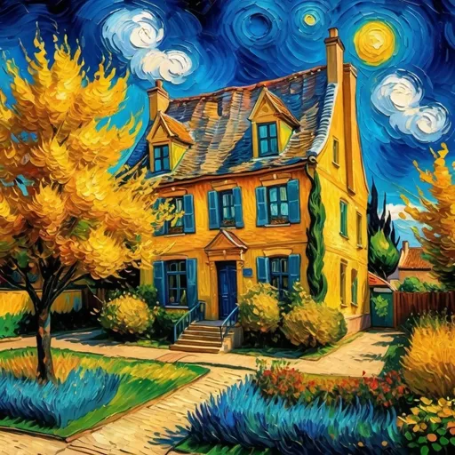 Prompt: (Van Gogh house), vibrant color palette, impressionistic style, detailed brush strokes, rich textures, surrounding lush garden, whimsical atmosphere, warm sunlight illuminating the scene, deep blue sky with fluffy clouds, charming architecture, nostalgic and artistic vibe, inspired by Van Gogh’s unique perspective, (4K resolution), vivid and captivating artwork.