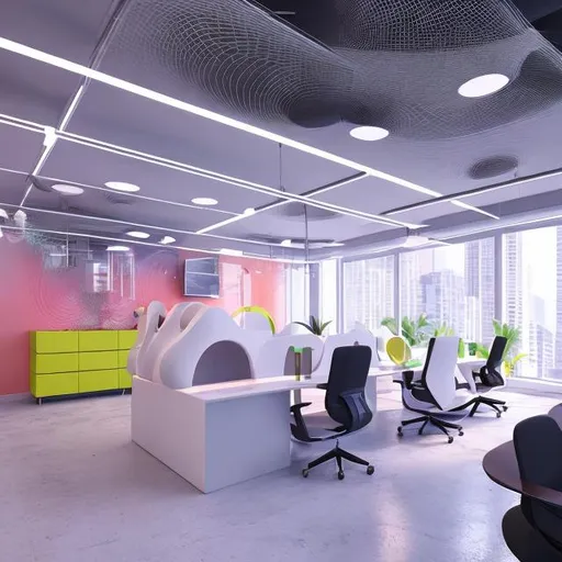 Prompt: Happy 26yo graphic designer at advertising company, vibrant and modern 3D rendering, futuristic office setting, vibrant and professional, high quality, modern 3D rendering, detailed expression, cheerful and energetic, creative work environment, natural lighting