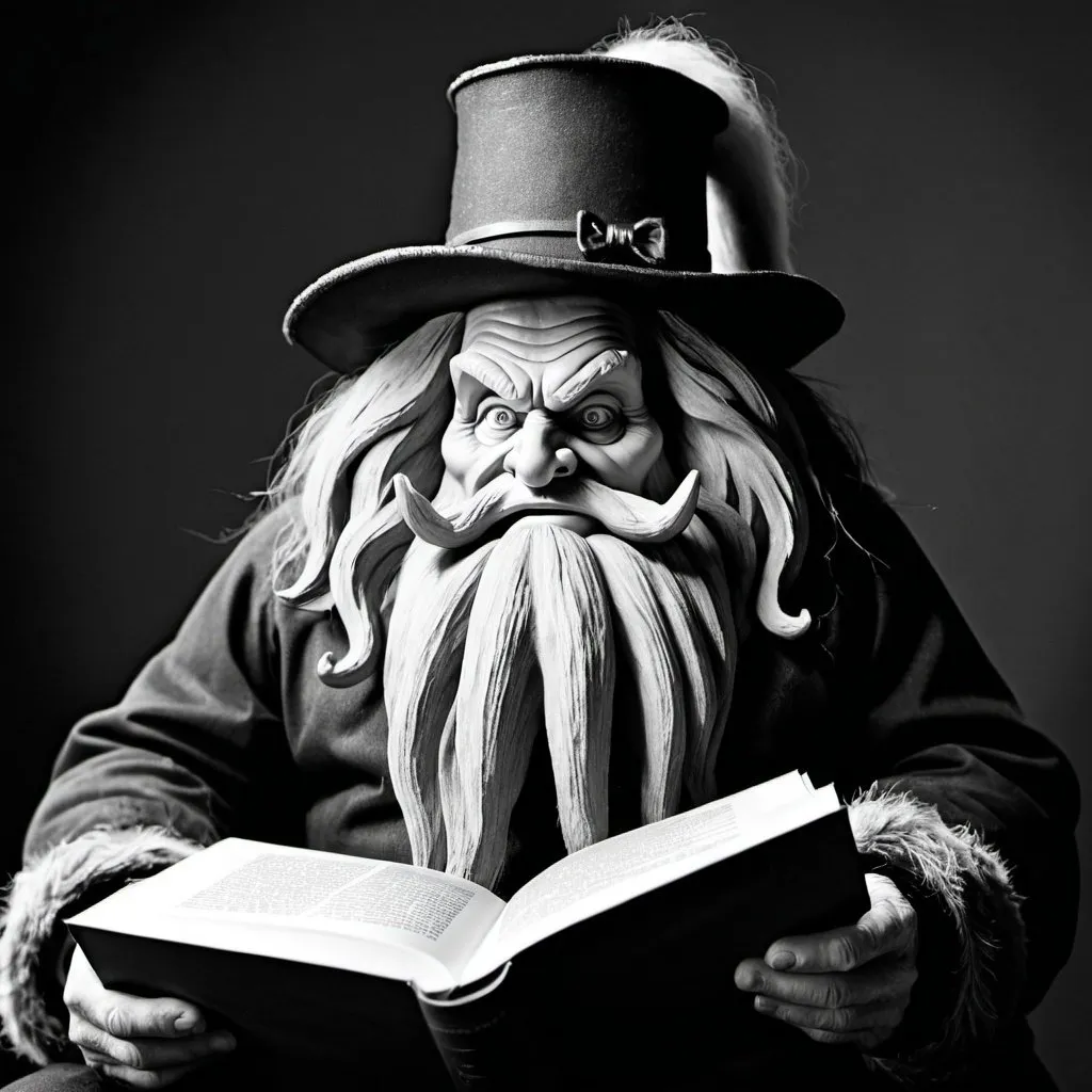 Prompt: Old Belsnickel reading a book. Make it scary. Grimm. Black and white