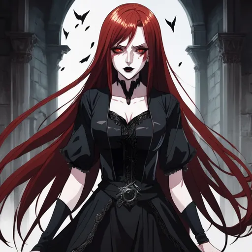 Prompt: A heroine who is a powerful, professional sorceress with long straight blood-red hair, dark red eyes. Black eyeshadow with black lipstick. Pale skin and a black dress. Highres, detailed, anime style, full body.