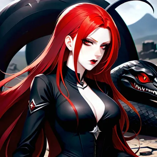 Prompt: A sorceress with long straight blood-red hair, dark red eyes. Black eyeshadow and black lipstick. She is relaxing with her large black snake familiar in the middle of a war torn battlefield on the ground. Pale skin and a black dress. Highres, detailed, 8K, UHD, anime style, full body, show the battlefield and the large snake.