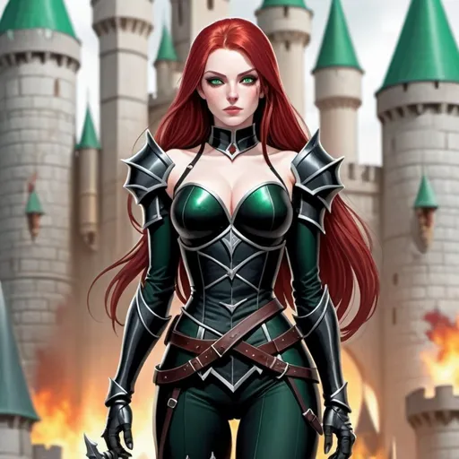 Prompt: Female, rogue, ALL black armor, ALL black clothing, hourglass figure, lots of dark scars on torso and legs, pale skin, NO scars on face, emerald green eyes, long blood-red hair, zoomed out, full body, inside royal castle background