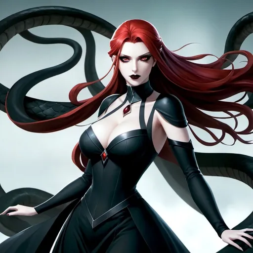 Prompt: A powerful, professional, beautiful sorceress with long straight blood-red hair, dark red eyes. Black eyeshadow with black lipstick. She is summoning a large black snake familiar to fight in the middle of a battlefield. Pale skin and a black dress. Highres, detailed, 8K, UHD, anime style, full body.