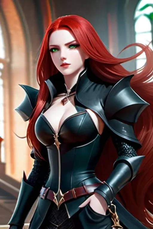 Prompt: Female, fantasy, dark black eyeshadow, dark black armor, dark black attire, dark black leather, hourglass figure, bright emerald green eyes, long blood-red hair, zoomed out, full body, inside royal hall background, HQ, 8k, High-res