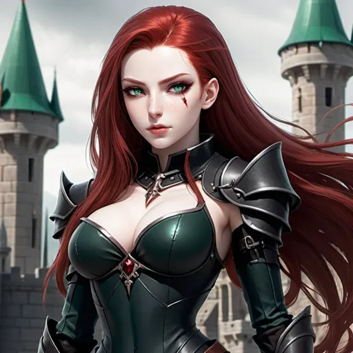 Prompt: Female, rogue, armor, Hourglass figure, scars on chest from battle, pale skin, beautiful scar free face, emerald green eyes, long blood-red hair, zoomed out, full body, inside royal castle background