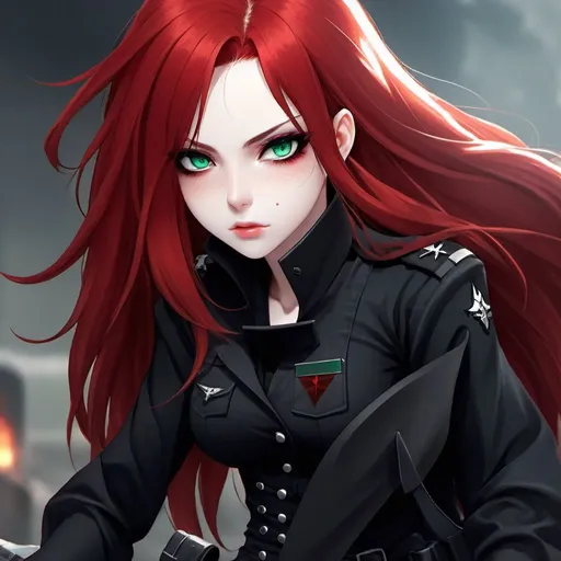 Prompt: Female, modern soldier, black eyeshadow, dark black combat gear, dark black attire, hourglass figure, bright emerald green eyes, long blood-red hair, zoomed out, full body, inside military background, HQ, 8k, High-res