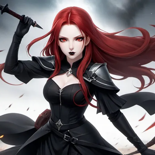 Prompt: A powerful, professional, beautiful sorceress with long straight blood-red hair, dark red eyes. Black eyeshadow with black lipstick. She is fighting alongside her large black snake familiar in the middle of a war torn battlefield. Pale skin and a black dress. Highres, detailed, 8K, UHD, anime style, full body.
