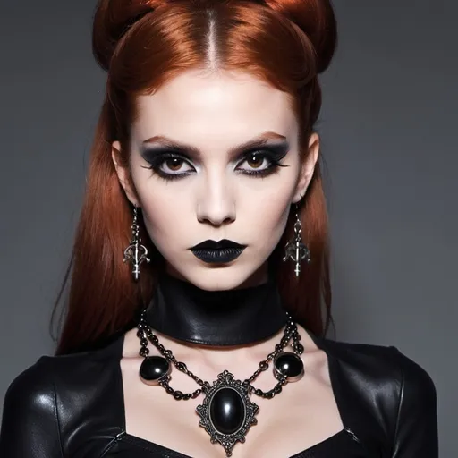 Prompt: Appearance = Feminine, very pale, high cheekbones, angular face, Short, 5'6", slender, honey brown eyes, long and straight bright red hair, long nails, insane, madwoman, not mentally well. 
Outfit = Form fitting low cut long sleeve black dress with two side slits. Durable black knee-high leather boots. Silver necklace with an ornate skull pendant.
Makeup = Dark black gothic eyeshadow, heavy black eyeliner, black lipstick, black nail polish.
Anime style, painted style, 
