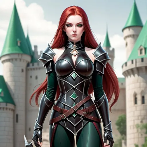 Prompt: Female, rogue, full black armor, hourglass figure, lots of dark scars on torso and legs, pale skin, NO scars on face, emerald green eyes, long blood-red hair, zoomed out, full body, inside royal castle background