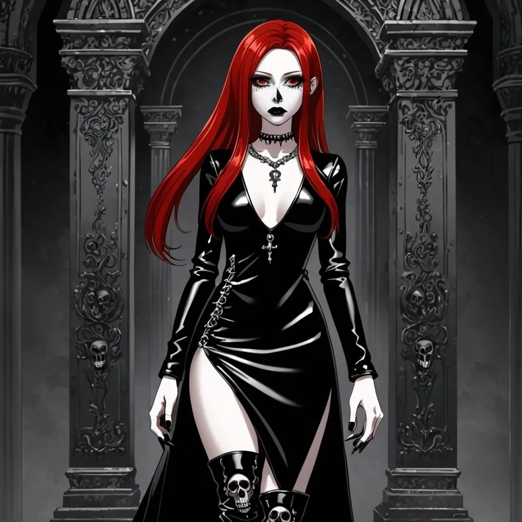 Prompt: Appearance = Feminine, very pale, high cheekbones, angular face, Short, 5'6", slender, brown eyes, long and straight bright red hair, long nails. 
Outfit = Form fitting low cut long sleeve black dress with two side slits. Durable black knee-high leather boots. Silver necklace with an ornate skull pendant.
Makeup = Dark black gothic eyeshadow, heavy black eyeliner, black lipstick, black nail polish.
anime, girl, detailed,