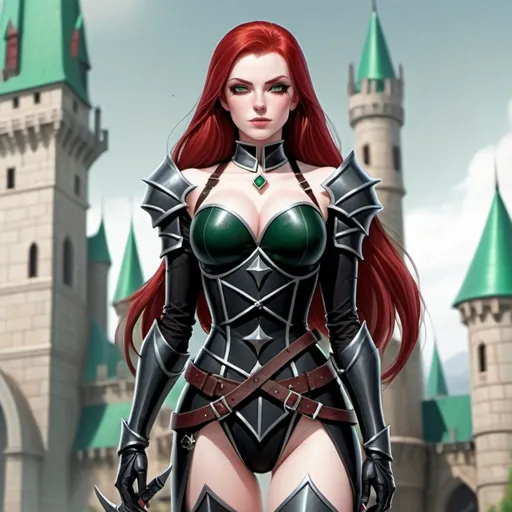 Prompt: Female, rogue, armor, black attire, hourglass figure, lots of dark scars on torso and legs, pale skin, NO scars on face, emerald green eyes, long blood-red hair, zoomed out, full body, inside royal castle background