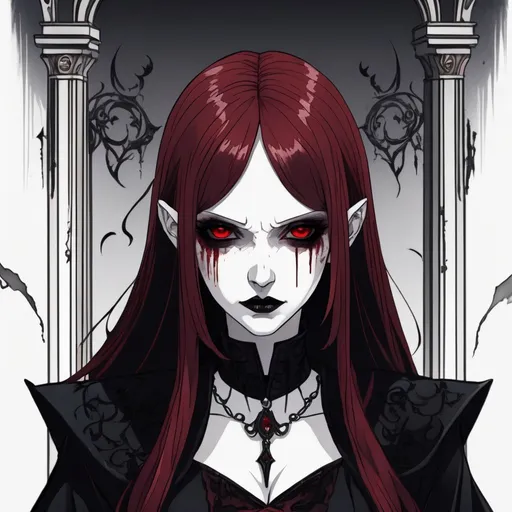 Prompt: A sorceress with long straight blood-red hair, dark red eyes. Gothic black eyeshadow with black lipstick. Pale skin and a black dress. Highres, detailed, anime style.