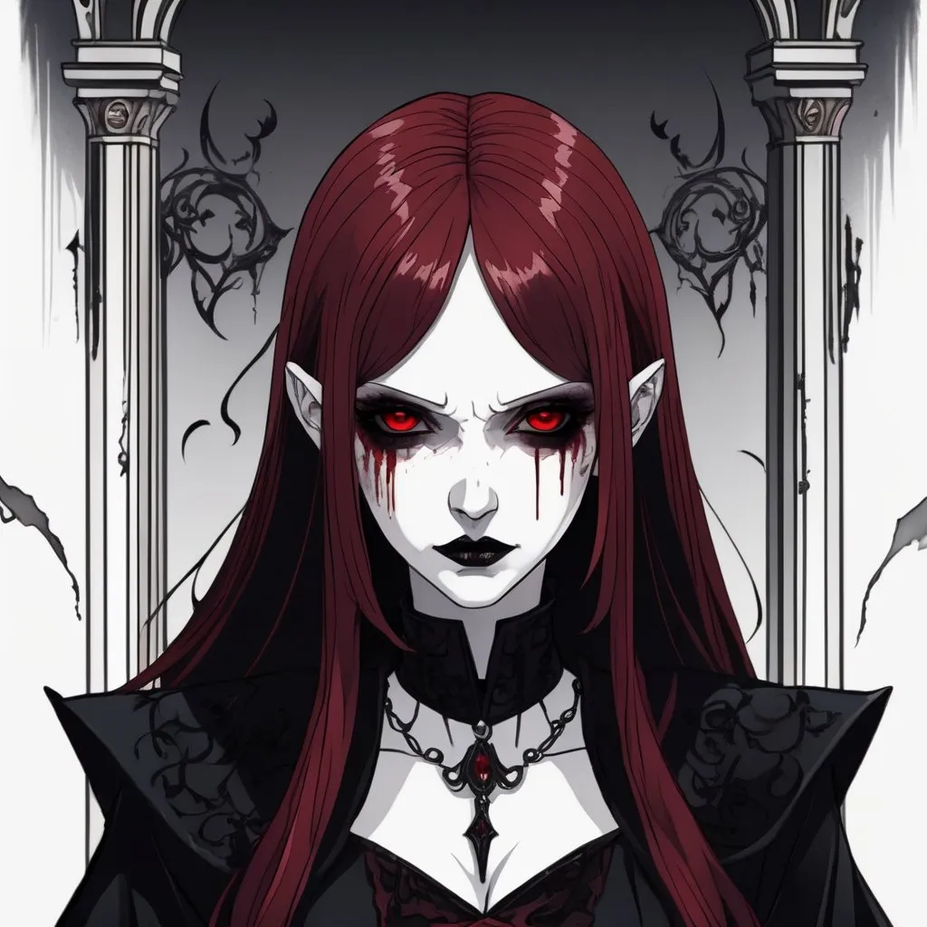 Prompt: A sorceress with long straight blood-red hair, dark red eyes. Gothic black eyeshadow with black lipstick. Pale skin and a black dress. Highres, detailed, anime style.