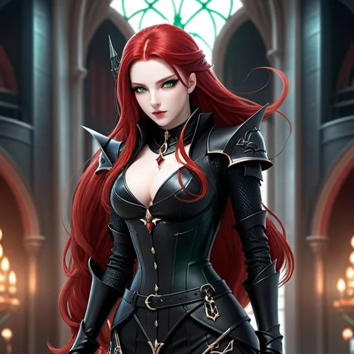 Prompt: Female, fantasy, black eyeshadow, dark black armor, dark black attire, dark black leather, hourglass figure, bright emerald green eyes, long blood-red hair, zoomed out, full body, inside royal hall background, HQ, 8k, High-res