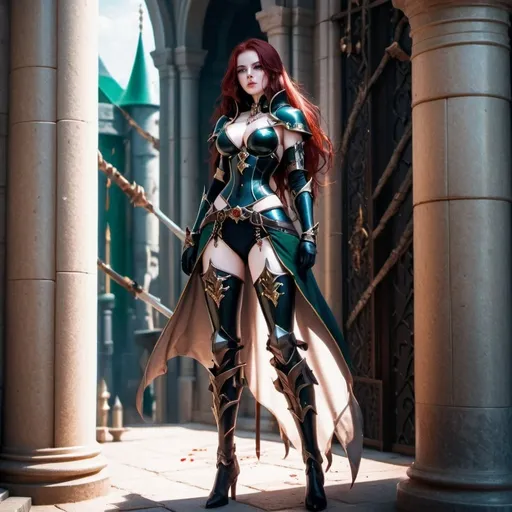 Prompt: Female, rogue, black armor, hourglass figure, lots of scars on chest, pale skin, NO scars on face, emerald green eyes, long blood-red hair, zoomed out, full body, inside royal castle background