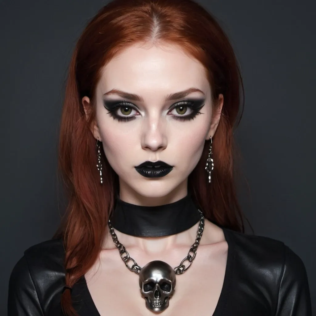 Prompt: Appearance = Feminine, very pale, high cheekbones, angular face, Short, 5'6", slender, honey brown eyes, long and straight bright red hair, long nails, insane, madwoman, not mentally well. 
Outfit = Form fitting low cut long sleeve black dress with two side slits. Durable black knee-high leather boots. Silver necklace with an ornate skull pendant.
Makeup = Dark black gothic eyeshadow, heavy black eyeliner, black lipstick, black nail polish.
Anime style, painted style, 
