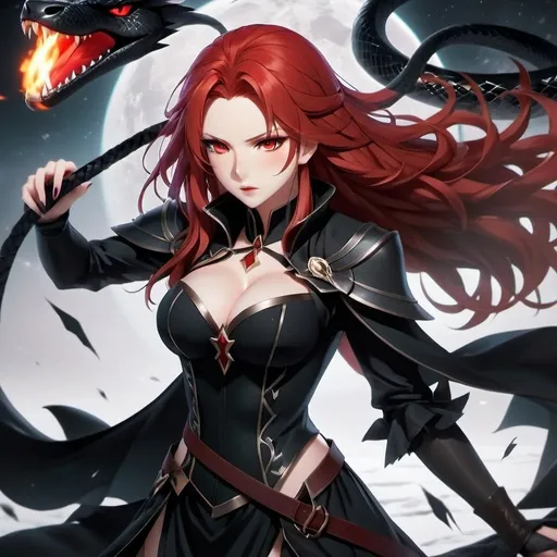 Prompt: A powerful, professional, beautiful sorceress with long straight blood-red hair, dark red eyes. Black eyeshadow with black lipstick. She is summoning a black snake familiar in the middle of a battle. Pale skin and a black dress. Highres, detailed, 8K, UHD, anime style, full body.