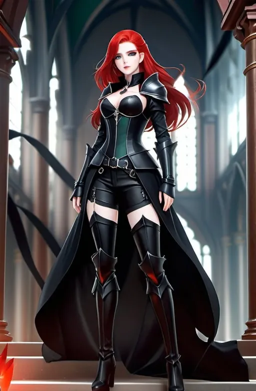 Prompt: Female, fantasy, dark black eyeshadow, dark black armor, dark black attire, dark black leather, hourglass figure, rugged scarring, pale skin, NO scars on face, bright emerald green eyes, long blood-red hair, zoomed out, full body, inside royal hall background, HQ, 8k, High-res