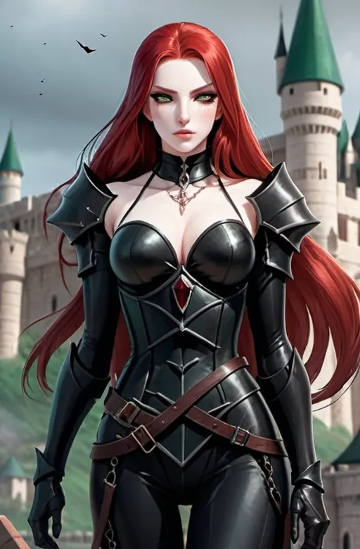 Prompt: Female, rogue, black armor, hourglass figure, scars on chest, pale skin, NO scars on face, emerald green eyes, long blood-red hair, zoomed out, full body, inside royal castle background