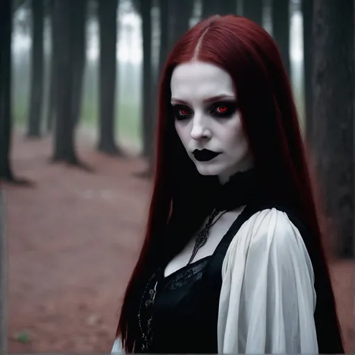 Prompt: A sorceress with long straight blood-red hair, dark red eyes. Gothic black eyeshadow with black lipstick. Pale skin and a black dress.