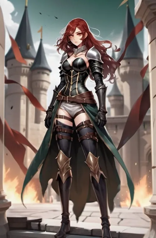Prompt: Female, rogue, black armor, hourglass figure, lots of dark scars on torso and legs, pale skin, NO scars on face, emerald green eyes, long blood-red hair, zoomed out, full body, inside royal castle background