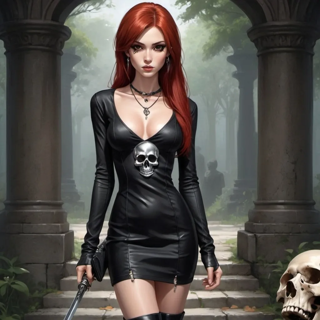 Prompt: Appearance = Feminine, very pale, high cheekbones, angular face, Short, 5'6", slender, honey brown eyes, long and straight bright red hair, long nails. 
Outfit = Form fitting low cut long sleeve black dress with two side slits. Durable black knee-high leather boots. Silver necklace with an ornate skull pendant.
Anime, painted.
