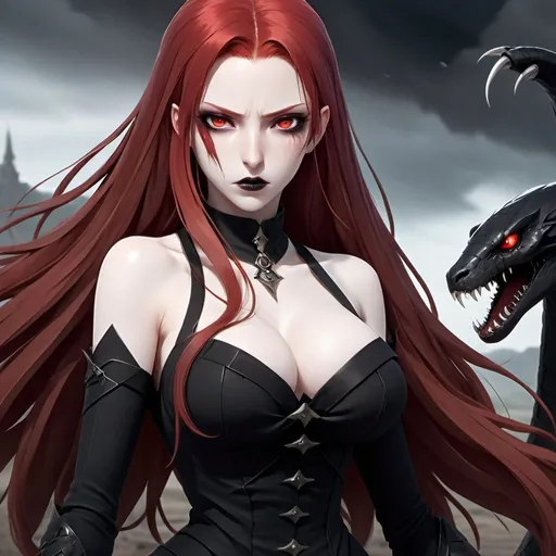 Prompt: A sorceress with long straight blood-red hair, dark red eyes. Dark black eyeshadow and black lipstick. She is fighting alongside her large black snake familiar in the middle of a war torn battlefield. Pale skin and a black dress. Highres, detailed, 8K, UHD, anime style, full body, show the battlefield and the large snake.
