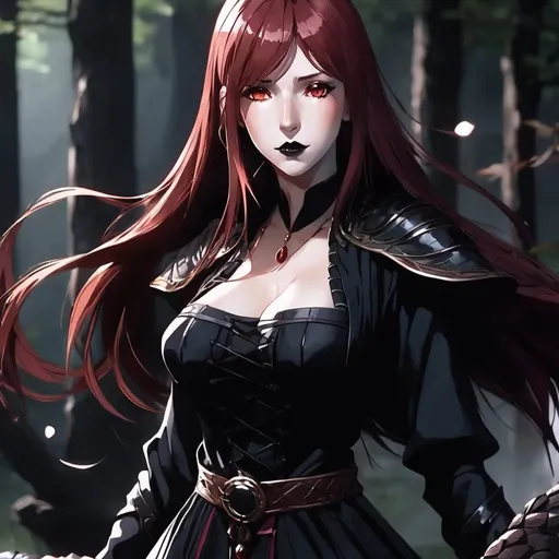 Prompt: A heroine who is a powerful, professional sorceress with long straight blood-red hair, dark red eyes. Black eyeshadow with black lipstick. She is summoning a black snake familiar. Pale skin and a black dress. Highres, detailed, 8K, UHD, anime style, full body.