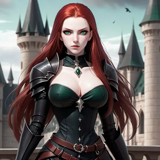 Prompt: Female, rogue, armor, Hourglass figure, scars on body, pale skin, beautiful scar free face, emerald green eyes, long blood-red hair, zoomed out, full body, inside royal castle background