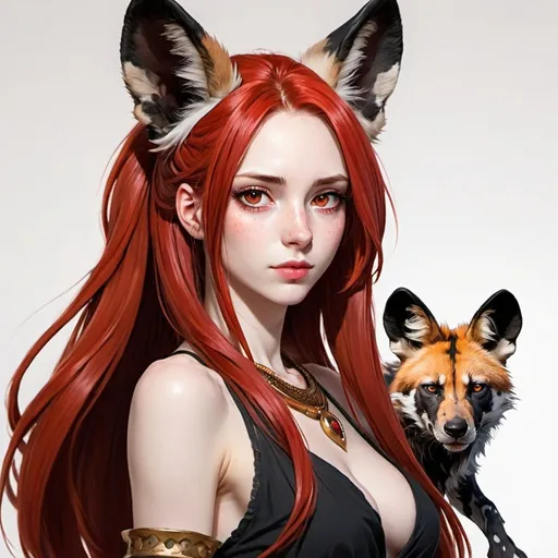 Prompt: A pale beautiful woman with West African wild dog ears, and a west African wild dog tail, with long, straight blood-red red hair. Anime. Painted. Gold colored eyes.