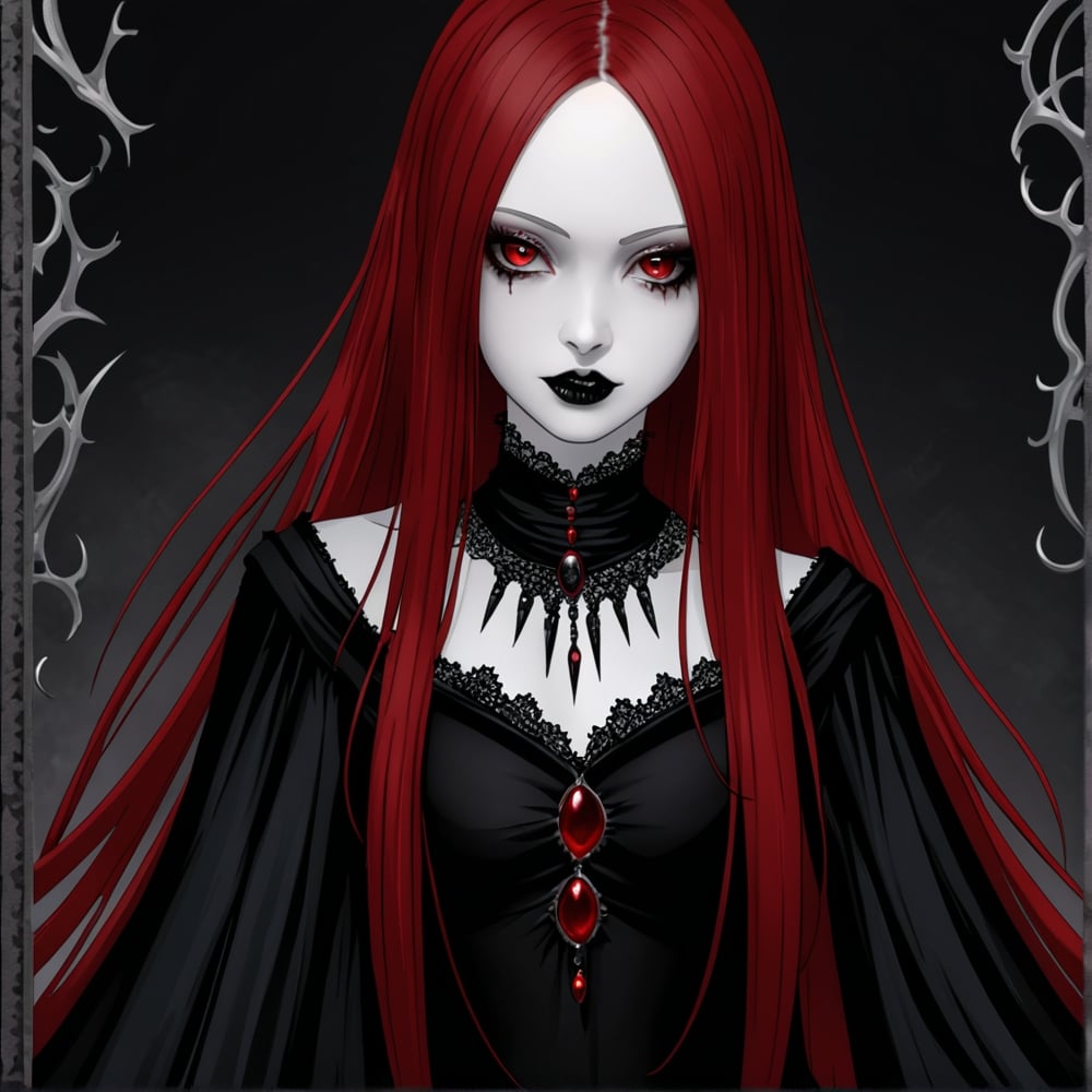 Prompt: A sorceress with long straight blood-red hair, dark red eyes. Gothic black eyeshadow with black lipstick. Pale skin and a black dress.