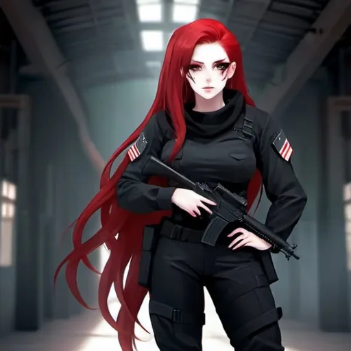 Prompt: Female, modern soldier, US Military, black eyeshadow, dark black combat gear, dark black attire, hourglass figure, bright emerald green eyes, long blood-red hair, zoomed out, full body, inside military background, HQ, 8k, High-res