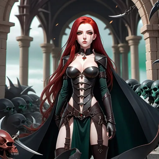 Prompt: Female, rogue, armor, Hourglass figure, scars from torture on her body starting just below her collarbones, beautiful scar free face, emerald green eyes, long blood-red hair, zoomed out, full body, inside royal castle background