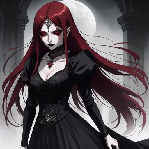Prompt: A powerful sorceress with long straight blood-red hair, dark red eyes. Black eyeshadow with black lipstick. Pale skin and a black dress. Highres, detailed, anime style, full body.