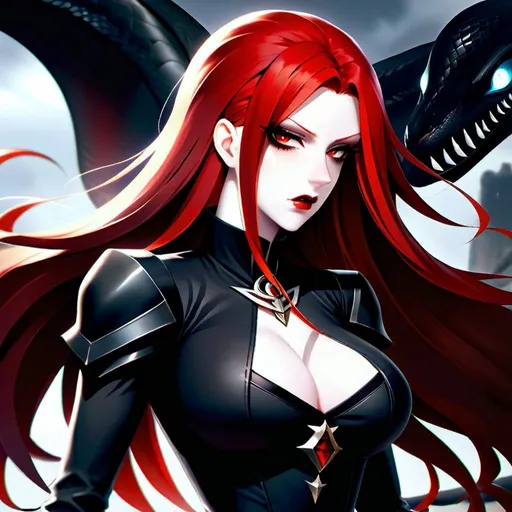 Prompt: A sorceress with long straight blood-red hair, dark red eyes. Black eyeshadow and black lips. She is fighting alongside her large black snake familiar in the middle of a war torn battlefield. Pale skin and a black dress. Highres, detailed, 8K, UHD, anime style, full body, show the battlefield and the large snake.