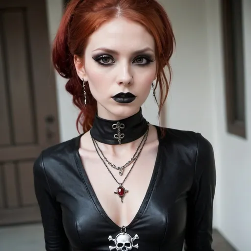 Prompt: Appearance = Feminine, very pale, high cheekbones, angular face, Short, 5'6", slender, honey brown eyes, long and straight bright red hair, long nails, insane, madwoman, not mentally well. 
Outfit = Form fitting low cut long sleeve black dress with two side slits. Durable black knee-high leather boots. Silver necklace with an ornate skull pendant.
Makeup = Dark black gothic eyeshadow, heavy black eyeliner, black lipstick, black nail polish.
Anime, painted, 

