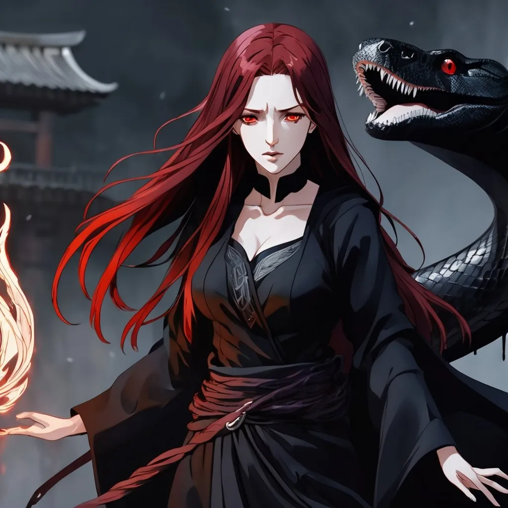 Prompt: A powerful, professional sorceress with long straight blood-red hair, dark red eyes. Black eyeshadow with black lipstick. She is summoning a black snake familiar. Pale skin and a black dress. Highres, detailed, 8K, UHD, anime style, full body.