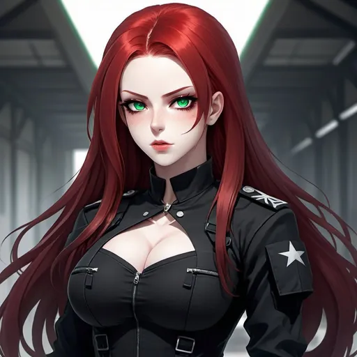 Prompt: Female, modern soldier, black eyeshadow, dark black combat gear, dark black attire, hourglass figure, bright emerald green eyes, long blood-red hair, zoomed out, full body, inside military background, HQ, 8k, High-res