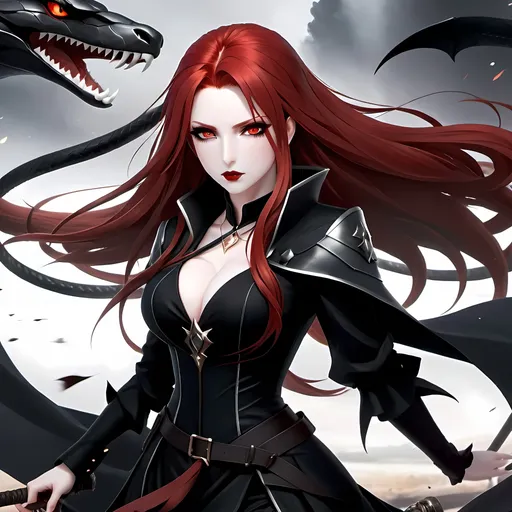 Prompt: A powerful, professional, beautiful sorceress with long straight blood-red hair, dark red eyes. Black eyeshadow with black lipstick. She is fighting alongside her large black snake familiar in the middle of a war torn battlefield. Pale skin and a black dress. Highres, detailed, 8K, UHD, anime style, full body, show the battlefield and the large snake.